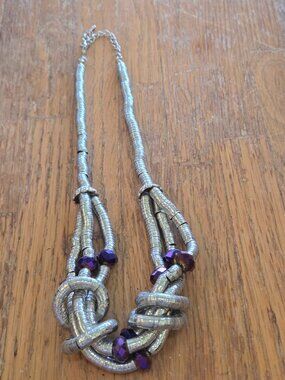Silver-tone and Purple Bead Multi-strand Bendable Snake Chain Statement Necklace